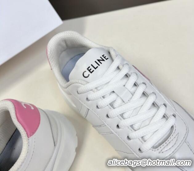 Shop Duplicate Celine Runner CR-02 Low Lace-up Sneakers in White Calfskin with Letter C Light Pink 322021