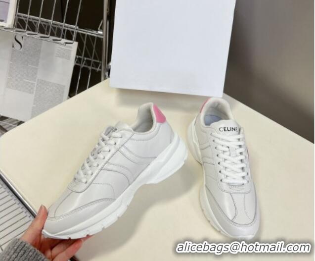 Shop Duplicate Celine Runner CR-02 Low Lace-up Sneakers in White Calfskin with Letter C Light Pink 322021