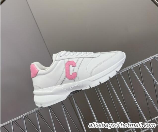 Shop Duplicate Celine Runner CR-02 Low Lace-up Sneakers in White Calfskin with Letter C Light Pink 322021