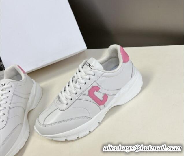 Shop Duplicate Celine Runner CR-02 Low Lace-up Sneakers in White Calfskin with Letter C Light Pink 322021