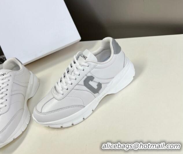 Charming Celine Runner CR-02 Low Lace-up Sneakers in White Calfskin with Letter C Grey 322022