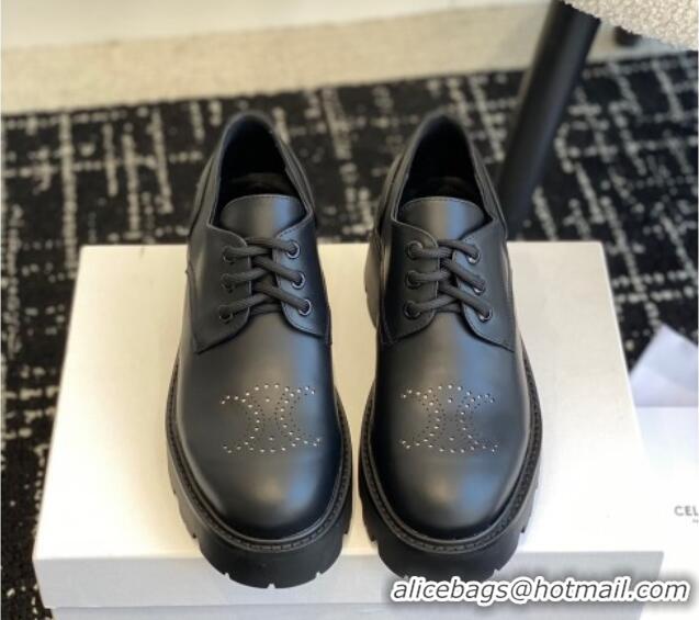 Pretty Style Celine Rangers Derby Loafers with Perforated Triomphe in Polished Calfskin Black 322024