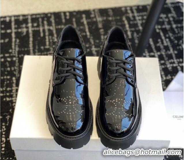 Durable Celine Rangers Derby Loafers with Perforated Triomphe in Patent Calfskin Black 322025