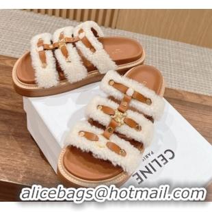 Pretty Style Celine Tippi Flat Slide Sandals in Shearling and Calfskin White 322026