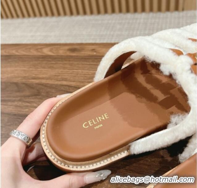 Pretty Style Celine Tippi Flat Slide Sandals in Shearling and Calfskin White 322026