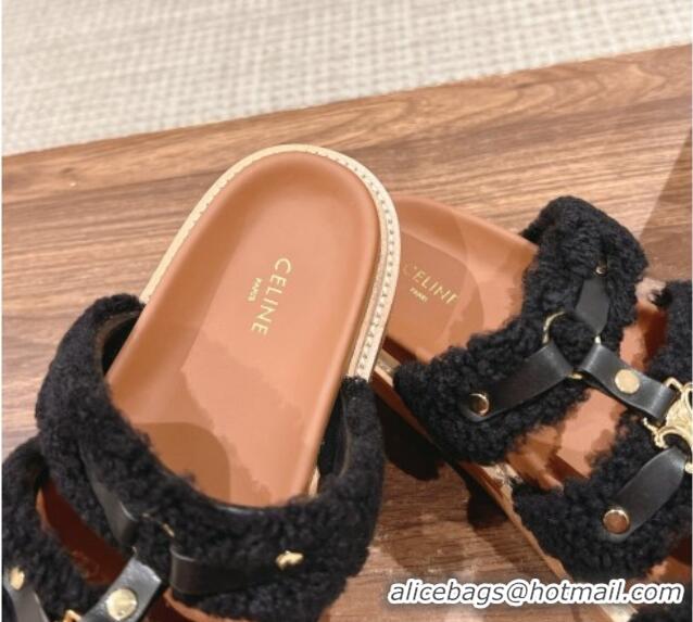 Good Product Celine Tippi Flat Slide Sandals in Shearling and Calfskin Black 322028