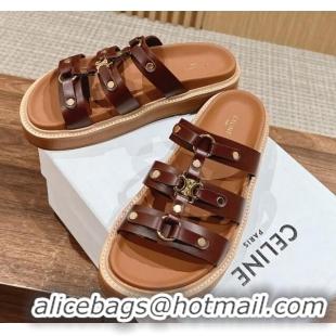 Low Cost Celine Tippi Flat Slide Sandals in Calfskin Leather Dark Brown 322033