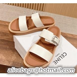 Durable Celine Buckle Flat Slide Sandals in Calfskin Leather White 322035