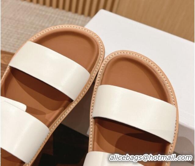 Durable Celine Buckle Flat Slide Sandals in Calfskin Leather White 322035