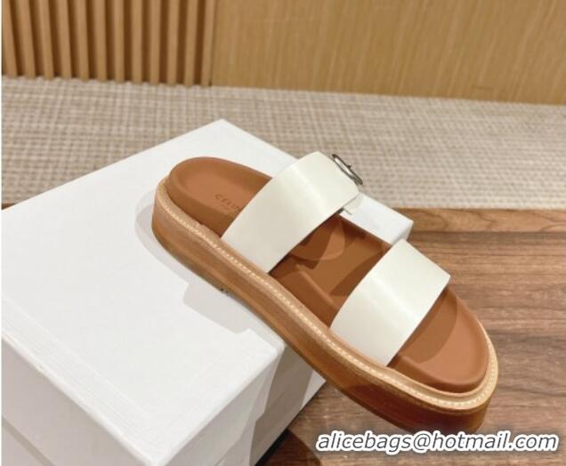 Durable Celine Buckle Flat Slide Sandals in Calfskin Leather White 322035