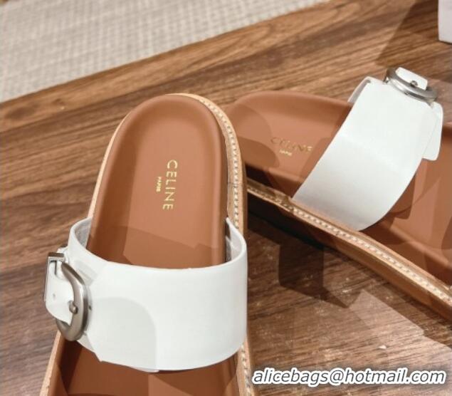 Durable Celine Buckle Flat Slide Sandals in Calfskin Leather White 322035