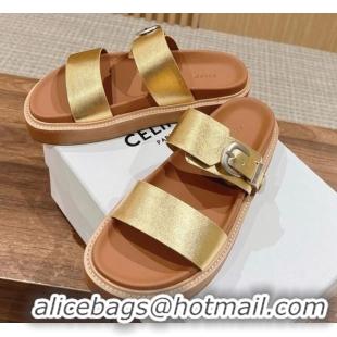 Luxurious Celine Buckle Flat Slide Sandals in Calfskin Leather Gold 322036