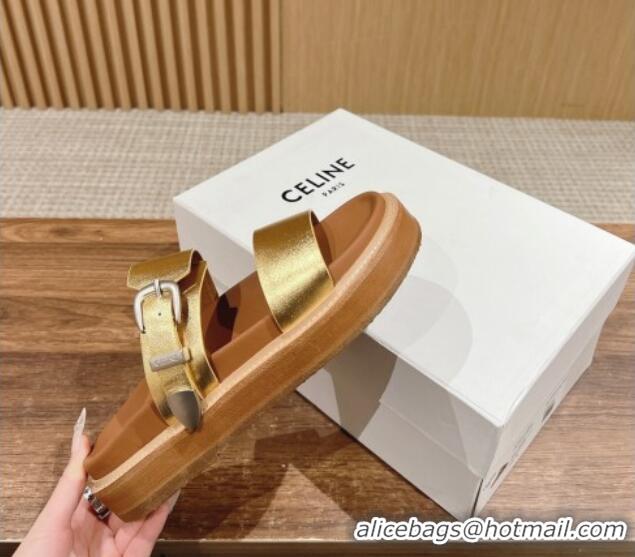 Luxurious Celine Buckle Flat Slide Sandals in Calfskin Leather Gold 322036