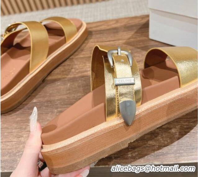 Luxurious Celine Buckle Flat Slide Sandals in Calfskin Leather Gold 322036