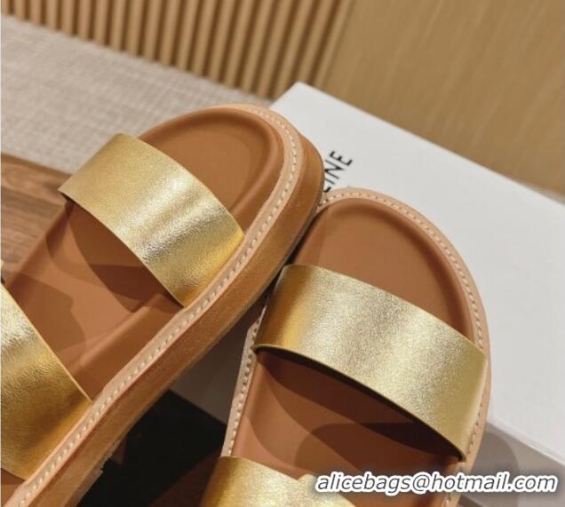 Luxurious Celine Buckle Flat Slide Sandals in Calfskin Leather Gold 322036