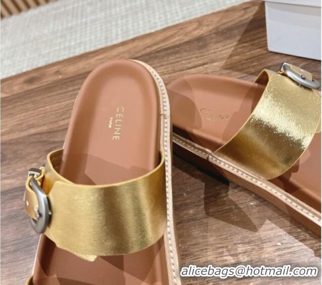 Luxurious Celine Buckle Flat Slide Sandals in Calfskin Leather Gold 322036