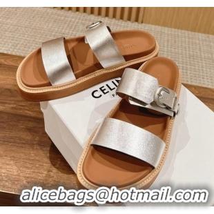 Good Quality Celine Buckle Flat Slide Sandals in Calfskin Leather Silver 322037