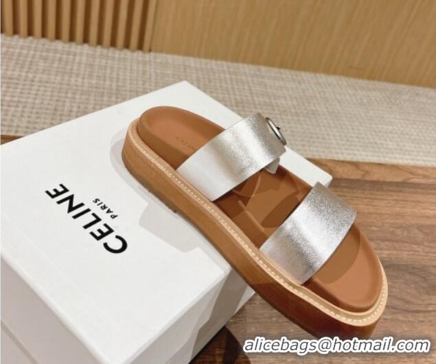 Good Quality Celine Buckle Flat Slide Sandals in Calfskin Leather Silver 322037