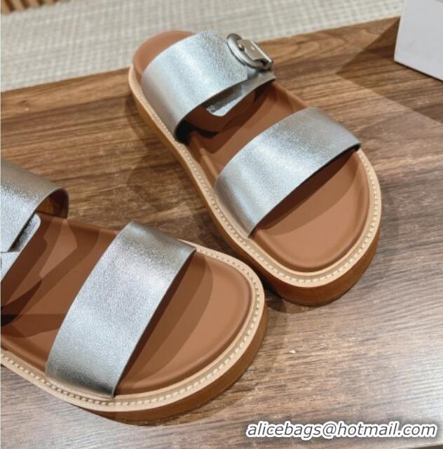 Good Quality Celine Buckle Flat Slide Sandals in Calfskin Leather Silver 322037