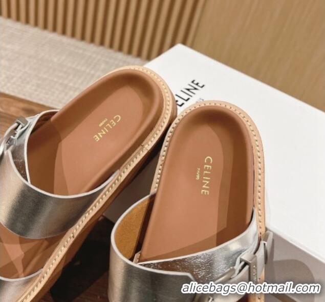 Good Quality Celine Buckle Flat Slide Sandals in Calfskin Leather Silver 322037