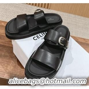 Unique Style Celine Buckle Flat Slide Sandals in Calfskin Leather Black 322038