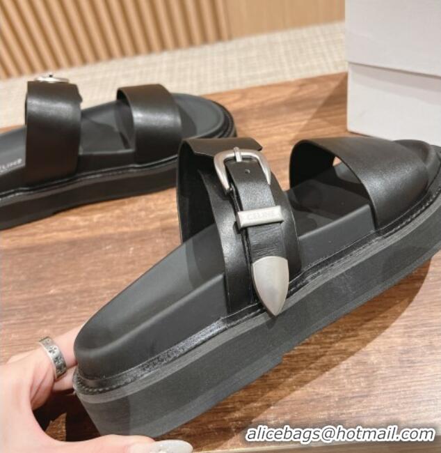 Unique Style Celine Buckle Flat Slide Sandals in Calfskin Leather Black 322038