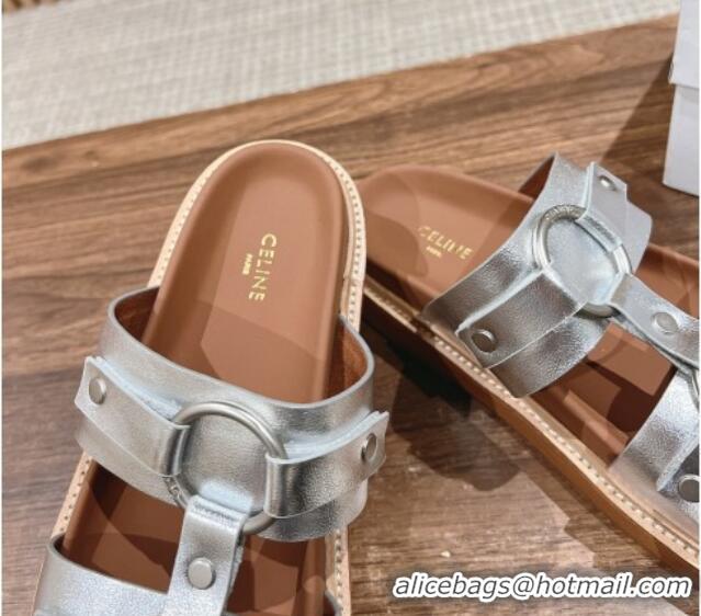 Best Product Celine Tippi Buckle Flat Slide Sandals in Calfskin Silver 322040