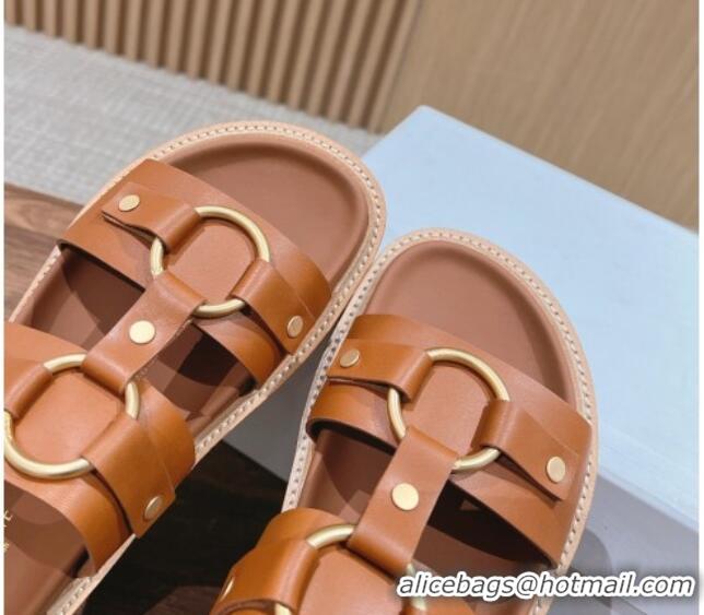 Buy Discount Celine Tippi Buckle Flat Slide Sandals in Calfskin Tan Brown 322042