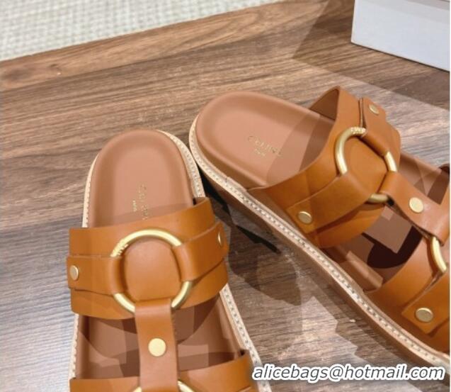 Buy Discount Celine Tippi Buckle Flat Slide Sandals in Calfskin Tan Brown 322042