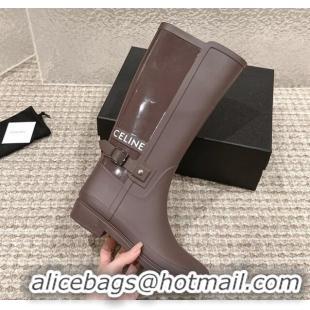 Best Price Celine Rubber High Rain Boots with Buckle Brown 323037