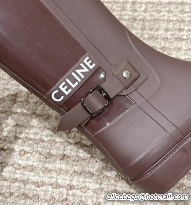 Best Price Celine Rubber High Rain Boots with Buckle Brown 323037