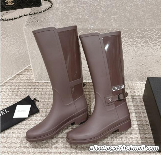 Best Price Celine Rubber High Rain Boots with Buckle Brown 323037