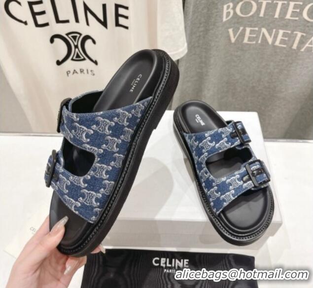 Purchase Celine Triomphe Canvas Flat Slide Sandals with Strap Blue 605031