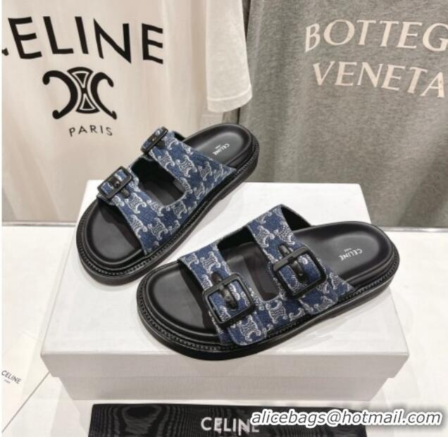 Purchase Celine Triomphe Canvas Flat Slide Sandals with Strap Blue 605031