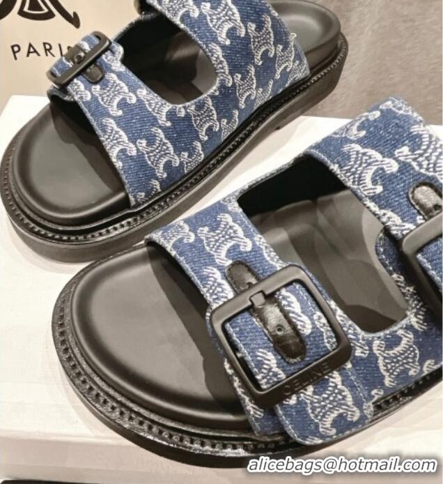 Purchase Celine Triomphe Canvas Flat Slide Sandals with Strap Blue 605031