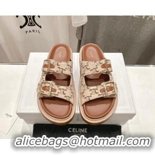 Low Price Celine Triomphe Canvas Flat Slide Sandals with Strap Beige 605030