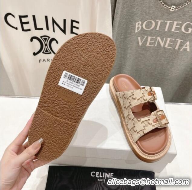 Low Price Celine Triomphe Canvas Flat Slide Sandals with Strap Beige 605030