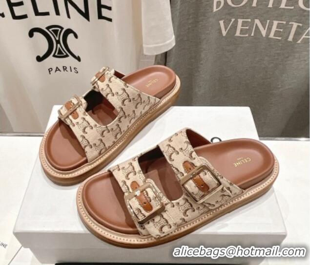 Low Price Celine Triomphe Canvas Flat Slide Sandals with Strap Beige 605030