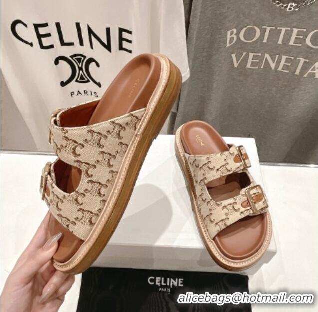 Low Price Celine Triomphe Canvas Flat Slide Sandals with Strap Beige 605030