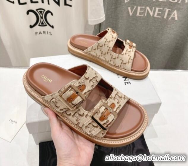 Low Price Celine Triomphe Canvas Flat Slide Sandals with Strap Beige 605030