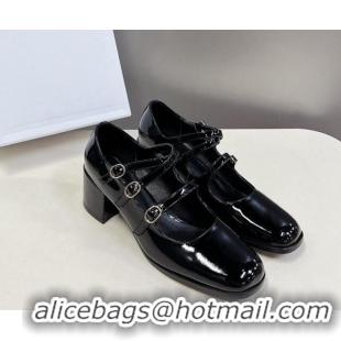 Classic Hot Celine Patent Leather Mary Janes Pumps 6cm with Trible Straps Black 506001