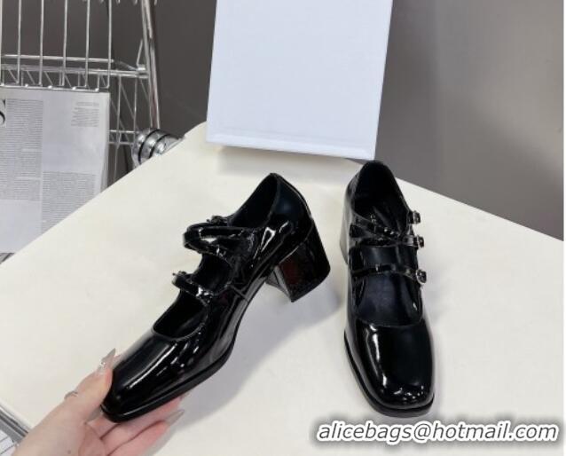 Classic Hot Celine Patent Leather Mary Janes Pumps 6cm with Trible Straps Black 506001