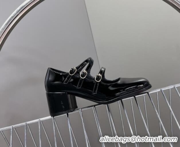 Classic Hot Celine Patent Leather Mary Janes Pumps 6cm with Trible Straps Black 506001