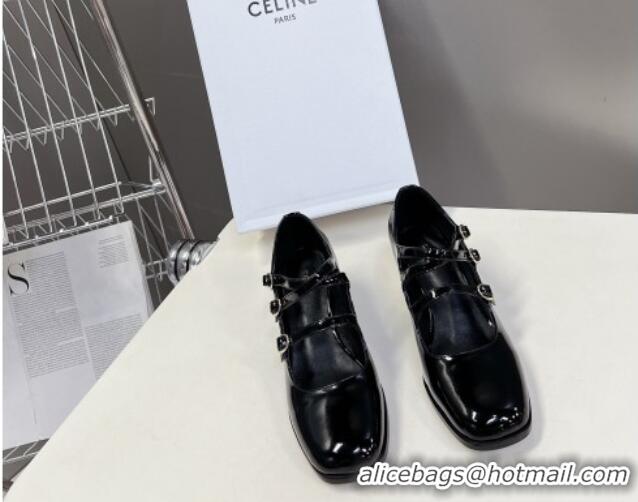 Classic Hot Celine Patent Leather Mary Janes Pumps 6cm with Trible Straps Black 506001