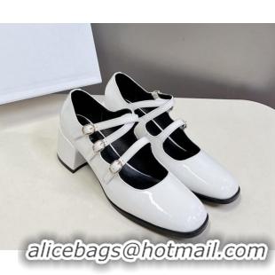 Big Discount Celine Patent Leather Mary Janes Pumps 6cm with Trible Straps White 506002