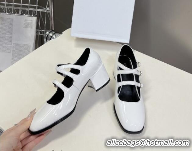 Big Discount Celine Patent Leather Mary Janes Pumps 6cm with Trible Straps White 506002