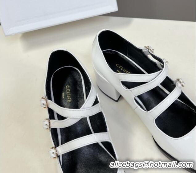 Big Discount Celine Patent Leather Mary Janes Pumps 6cm with Trible Straps White 506002