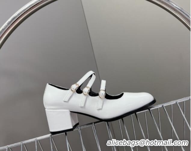 Big Discount Celine Patent Leather Mary Janes Pumps 6cm with Trible Straps White 506002