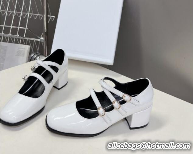 Big Discount Celine Patent Leather Mary Janes Pumps 6cm with Trible Straps White 506002