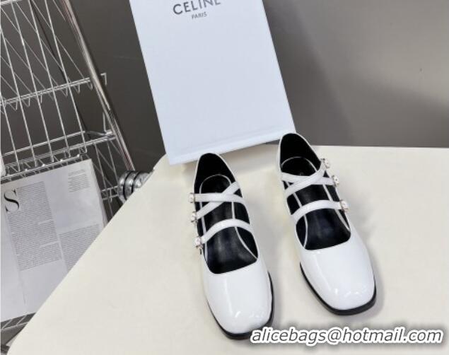 Big Discount Celine Patent Leather Mary Janes Pumps 6cm with Trible Straps White 506002